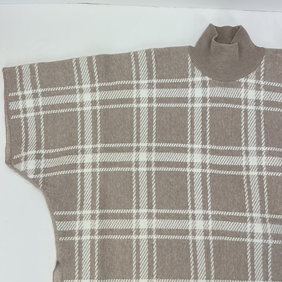 Rachel Zoe Pull Over Poncho Sweater One Size Cream Tan Window Pane Mock Neck - Picture 3 of 12